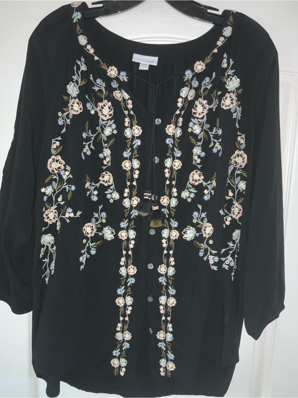 J Jill Embroidered Floral Top Womens Size L Black Bohemian Peasant Blouse Tassel